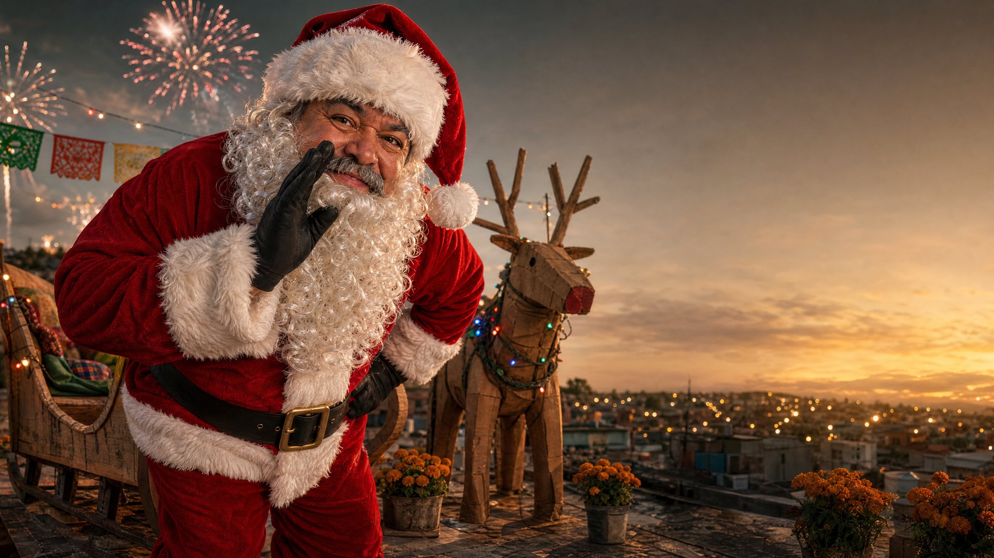 Un Santa Muy Mexa se acerca a cámara y cuenta un secreto con la mano en la boca, con su reno de cartón y su trineo detrás